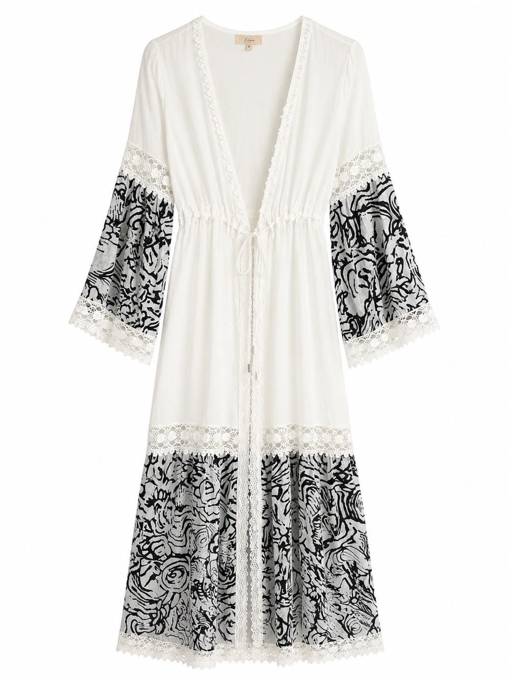 Elan White & Black Boho Lace Trim Maxi Cover-Up Dress | Size Medium
